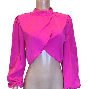 NWOT SHEIN Size L Hot Pink Cropped Blouse Long Sleeve Mock Neck Dressy Top